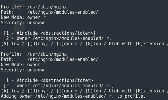 Commande Linux Apparmor permission sur un dossier profil incorrect