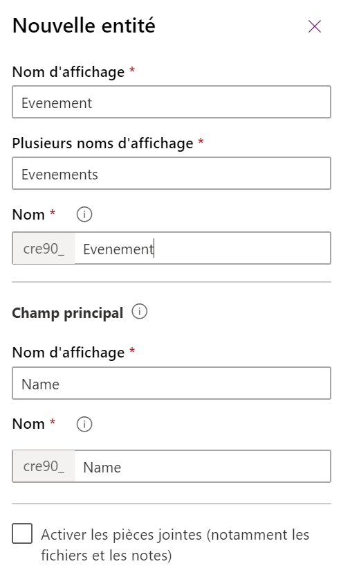 Création d'une nouvelle entité