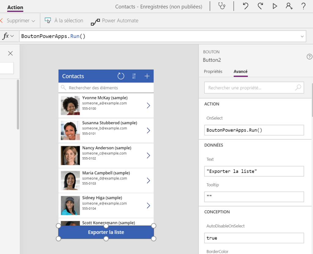 Ecran Power Apps avec bouton sur action Power Automate
